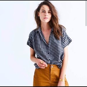 Madewell | Central Gingham Check Checkered Pattern Cap Sleeve Button Up Shirt